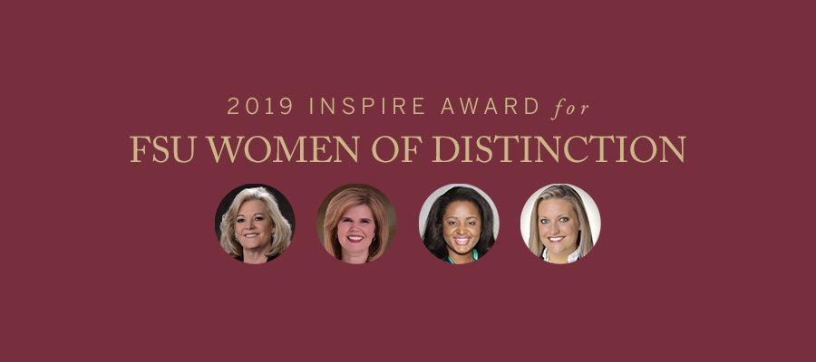 Gold text reading "2019 Inspire Award for FSU Women of Distinction" on a garnet background above headshots of four women