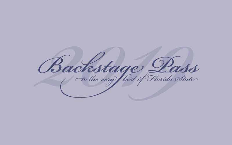 Purple scripted text on a lavender background reading "Backstage Pass to the very best of Florida State 2019"