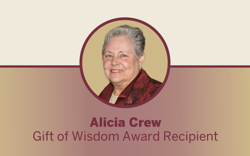 A white, garnet, and gold graphic displaying a headshot of Alicia Crew and garnet text reading "Alicia Crew, Gift of Wisdom Award Recipient"