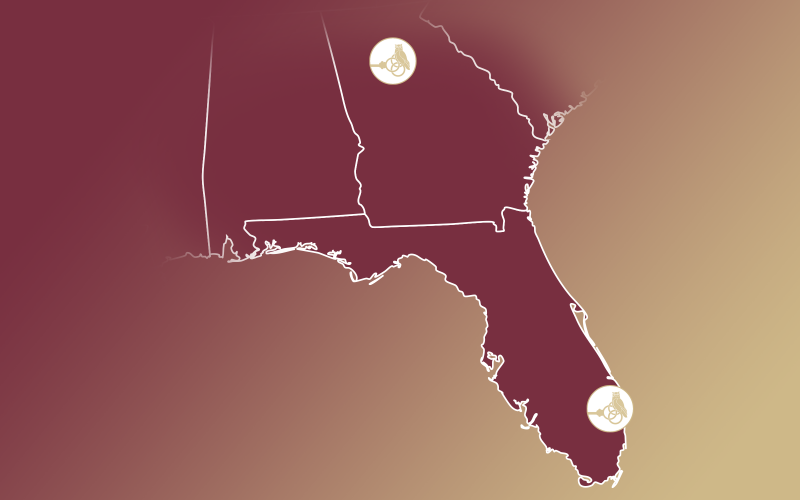 A garnet and gold map of Florida, Georgia, and Alabama with the W4FSU logo marking two cities