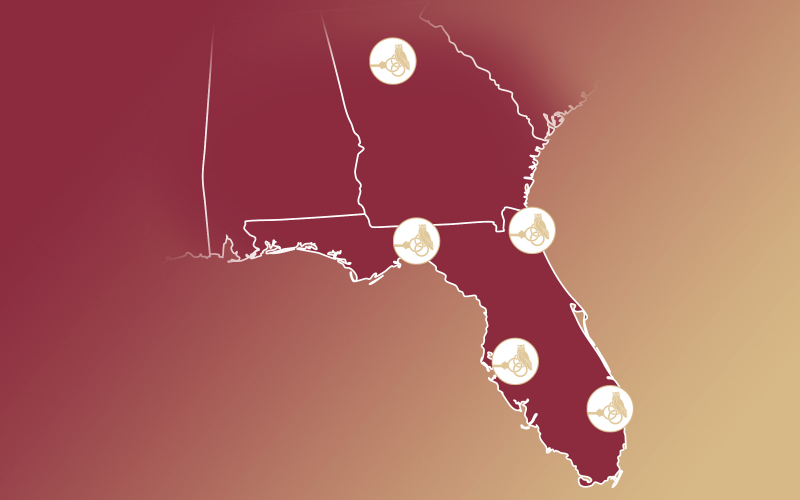 A red and garnet map of Florida, Georgia, and Alabama with five W4FSU logos marking certain cities