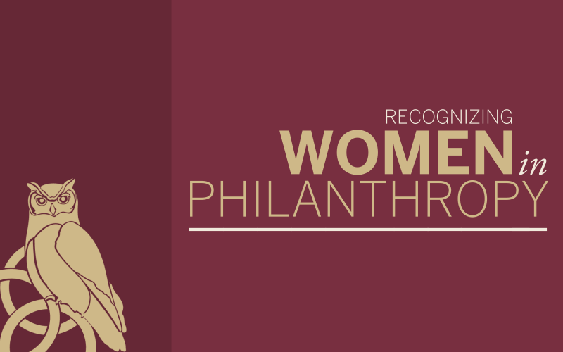 A garnet banner with a gold owl and gold text reading "Recognizing Women in Philanthropy"