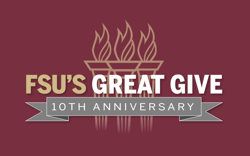 A garnet and gold graphic featuring the logo for FSU's Great Give 10th Anniversary