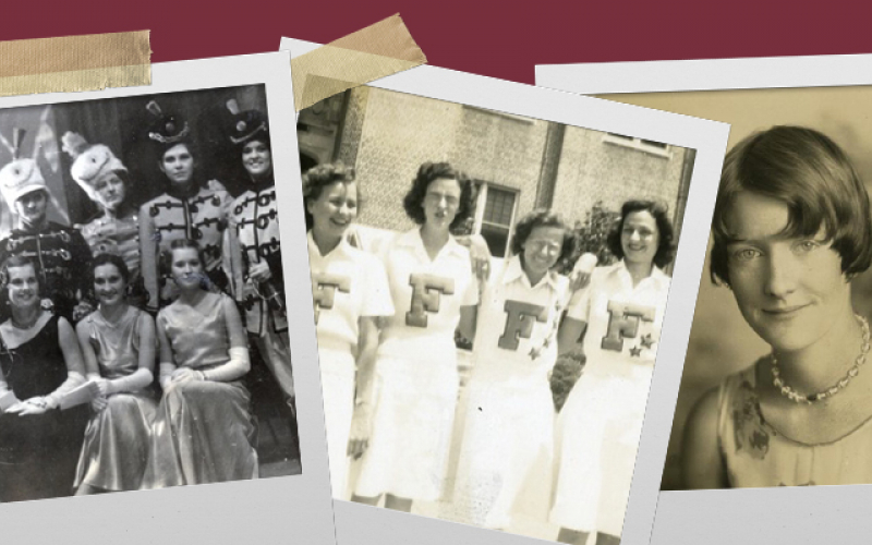 Three black and white photos of various women, on a garnet background